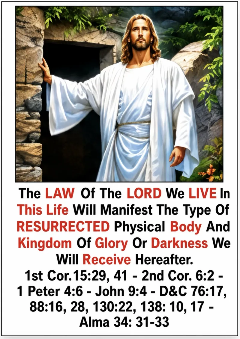 The resurrected Jesus Christ stepping out of the tomb, above the words: The Law of the Lord we live in this life will manifest the type of resurrected physical body and kingdom of glory or darkness we will receive hereafter