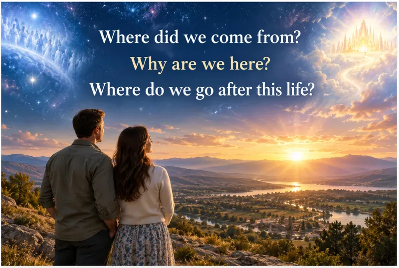 A couple looks out over a valley at sunrise beneath the questions: Where did we come from? Why are we here? Where do we go after this life?