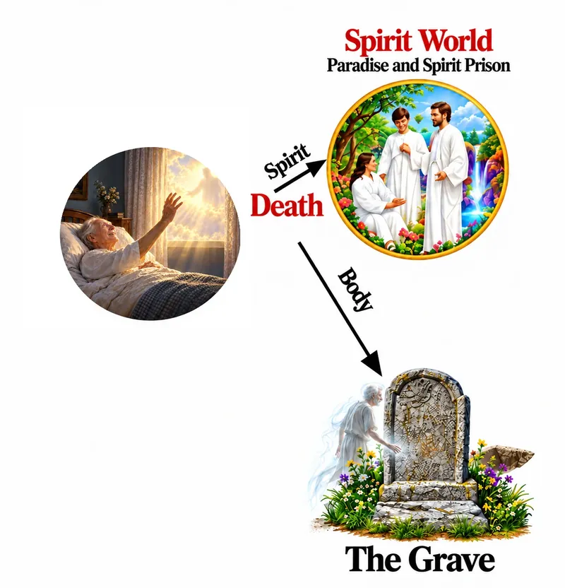 Diagram: at death the spirit goes to the Spirit World, Paradise and Spirit Prison, and the body goes to the grave