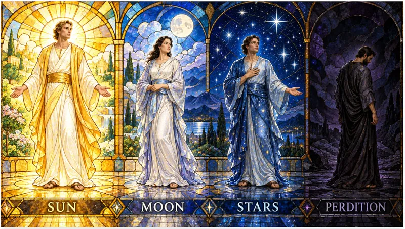 Four stained-glass figures labelled Sun, Moon, Stars and Perdition, showing four kinds of resurrected bodies
