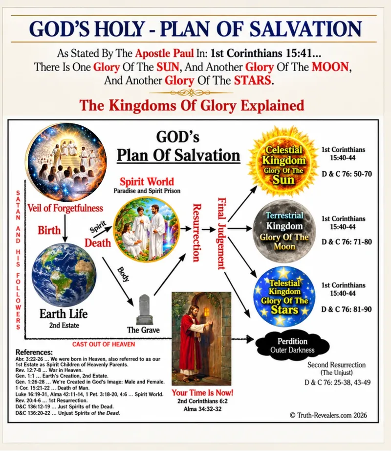 Chart of God's Holy Plan of Salvation: premortal life, birth and earth life, death, the spirit world, resurrection and final judgment, leading to the kingdoms of glory