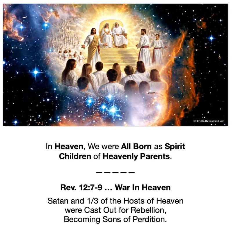 Heavenly Father and Jesus Christ with a council of spirit children among the stars, above the words: In Heaven, We were All Born as Spirit Children of Heavenly Parents