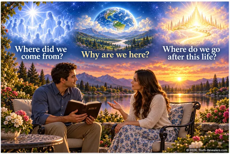 A man holding a Bible talks with a woman in a garden, beneath three questions: Where did we come from? Why are we here? Where do we go after this life?