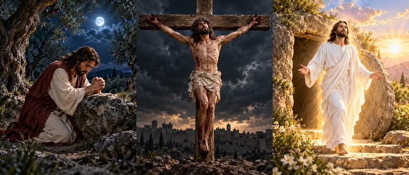 Three scenes of Jesus Christ: praying in Gethsemane, on the cross, and leaving the empty tomb