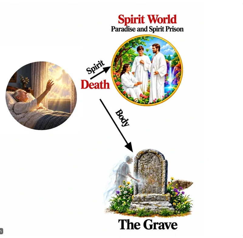 Diagram: at death the spirit goes to the Spirit World, Paradise and Spirit Prison, and the body goes to the grave