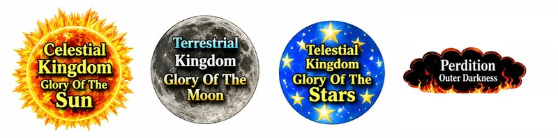 Celestial Kingdom, Glory of the Sun; Terrestrial Kingdom, Glory of the Moon; Telestial Kingdom, Glory of the Stars; Perdition, Outer Darkness