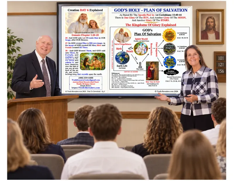 Garth and Marilyn Malan presenting the Plan of Salvation chart to an audience